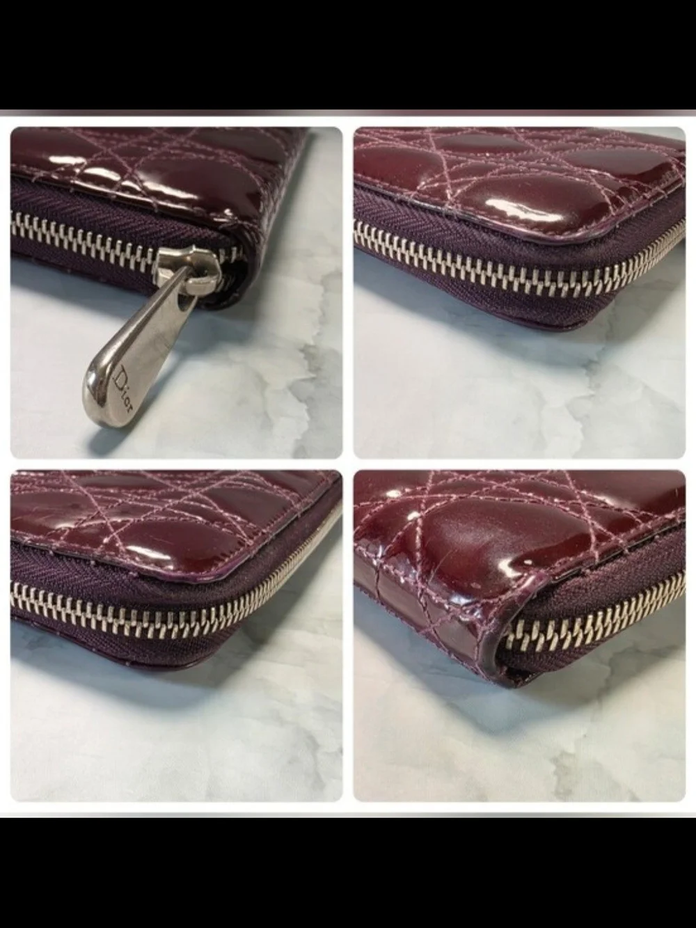 Christian Dior Burgundy Cannage Patent Leather Zip Around Wallet + COA